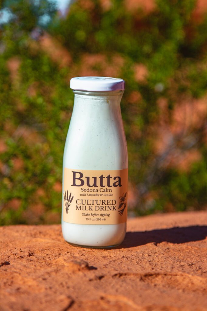 Butta Sedona Calm cultured milk drink with lavender and vanilla in red rock desert landscape